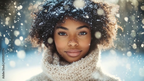 Winter beauty portrait: radiant smile amid falling snow, curly hair framed by snowflakes, warm knit scarf, glowing skin. Ethereal atmosphere captures joy of the season.