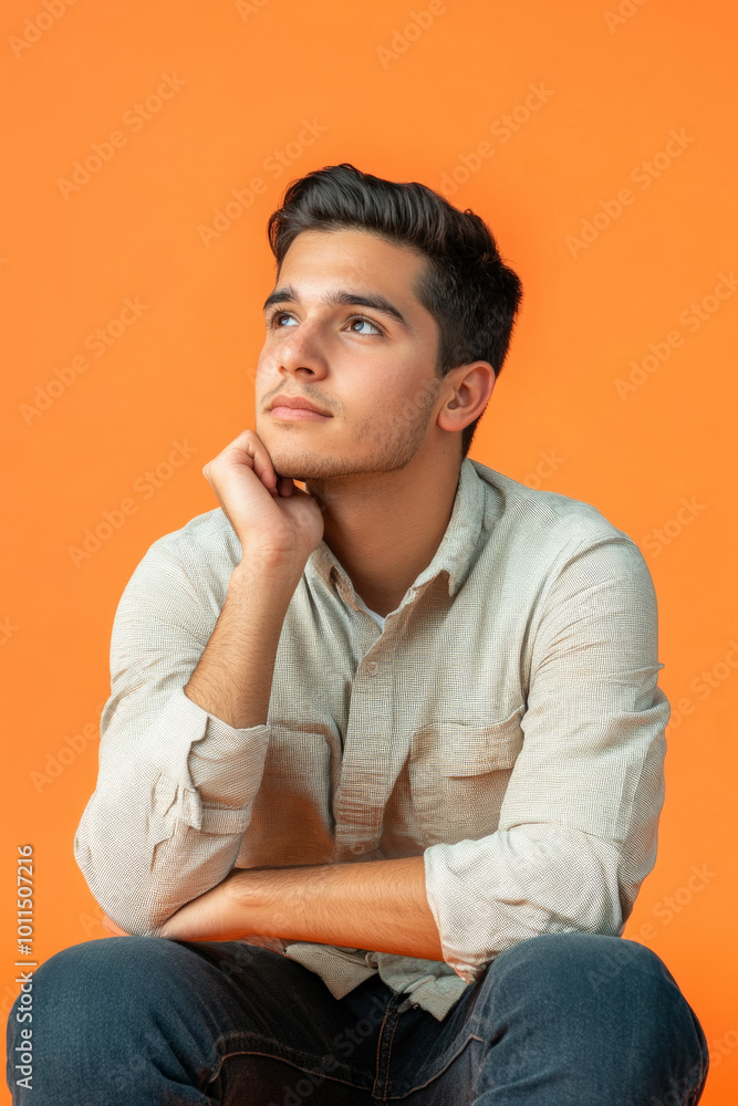 Doubtful young adult Hispanic man in semi-formal clothes, sitting reflectively on an orange studio background. Doubtful young adult Hispanic man in semi-formal clothes, sitting reflectively on an orange studio background.
