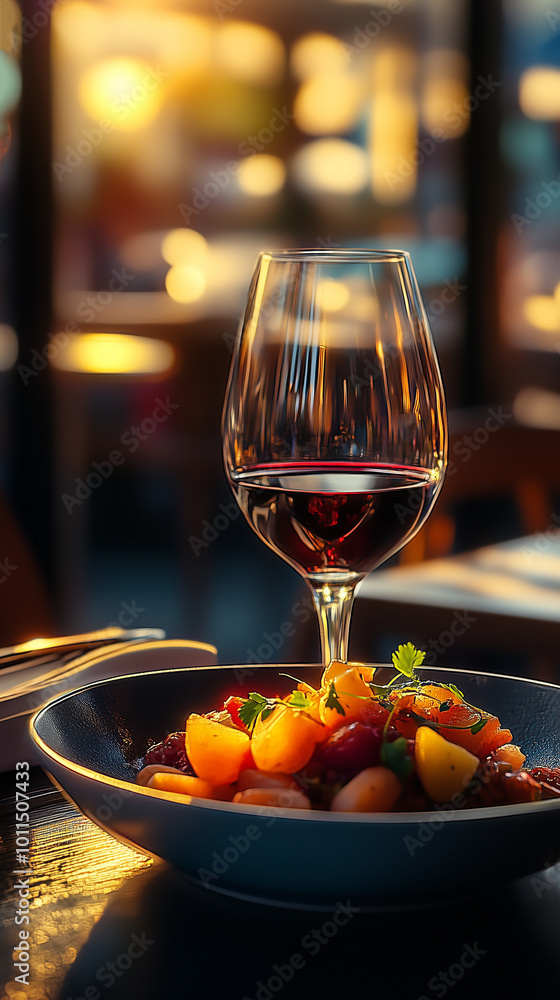 Naklejka premium Modern Restaurant Serving of Ceviche with Red Wine