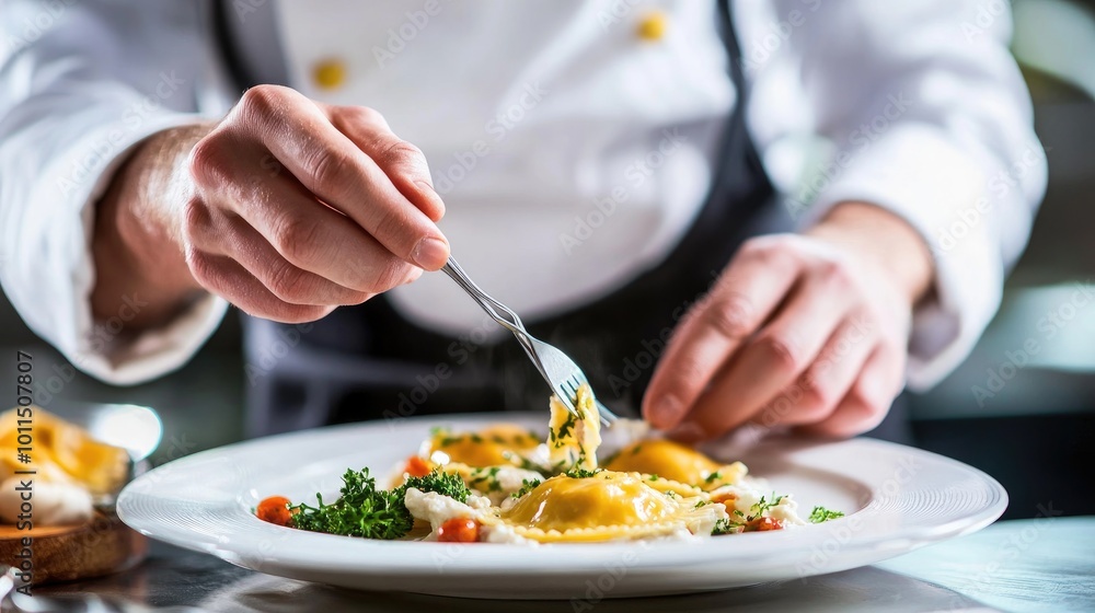 A chef plating chicken ravioli in a fine dining restaurant, adding a sprinkle of herbs and a drizzle of sauce for an elegant presentation A chef plating chicken ravioli in a fine dining restaurant, adding a sprinkle of herbs and a drizzle of sauce for an elegant presentation