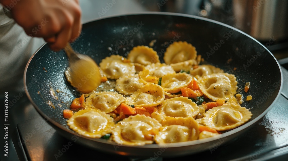 A chef tossing cooked chicken ravioli in a pan with sautaced vegetables and sauce, showcasing the cooking process in action A chef tossing cooked chicken ravioli in a pan with sautaced vegetables and sauce, showcasing the cooking process in action