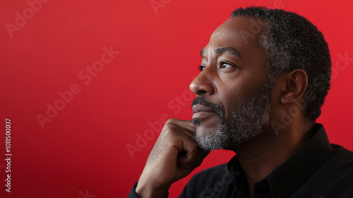 Middle-aged Black man deep in thought with hand on chin against a red background.