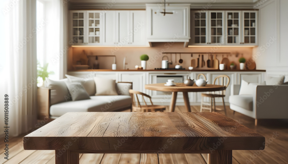 Fototapeta premium Empty wooden table top with blurred kitchen background for product placement. Product background. Ai mock up. Cooking concept.