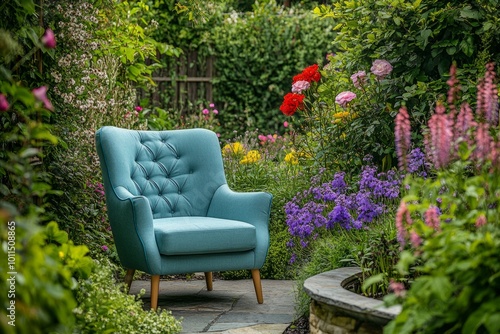 A serene garden scene featuring a stylish blue armchair among vibrant flowers. Perfect for relaxation and outdoor aesthetics. Discover tranquility in nature. Generative AI