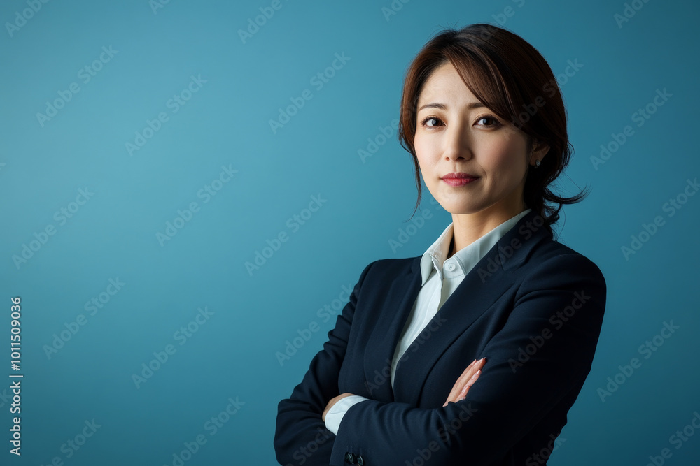 Middle-aged Japanese female lawyer, in a sharp suit, standing confidently against a blue background. Middle-aged Japanese female lawyer, in a sharp suit, standing confidently against a blue background.