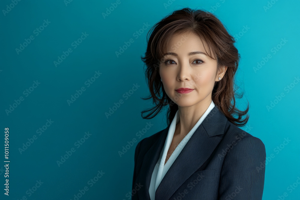 Middle-aged Japanese female lawyer, in a sharp suit, standing confidently against a blue background. Middle-aged Japanese female lawyer, in a sharp suit, standing confidently against a blue background.