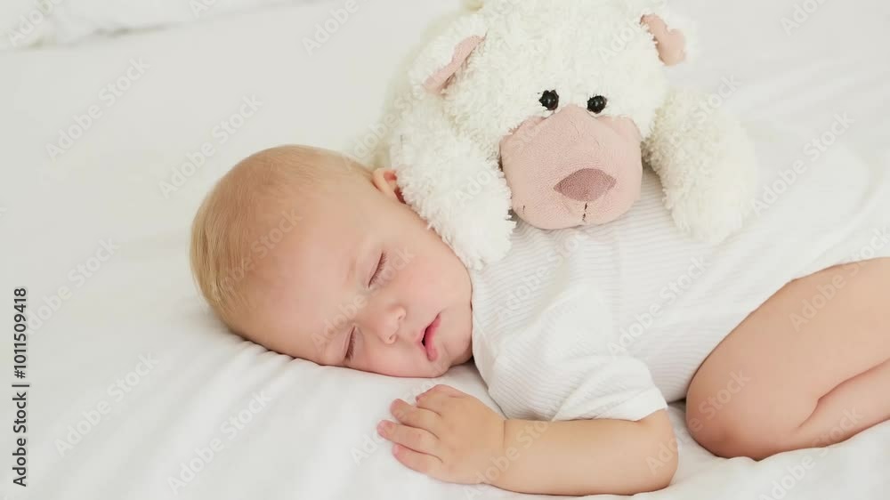 a newborn baby sleeps sweetly with a soft teddy bear, a place for text, a baby sleeps on a white bed with a pen under his cheek, a healthy baby's sleep a newborn baby sleeps sweetly with a soft teddy bear, a place for text, a baby sleeps on a white bed with a pen under his cheek, a healthy baby's sleep