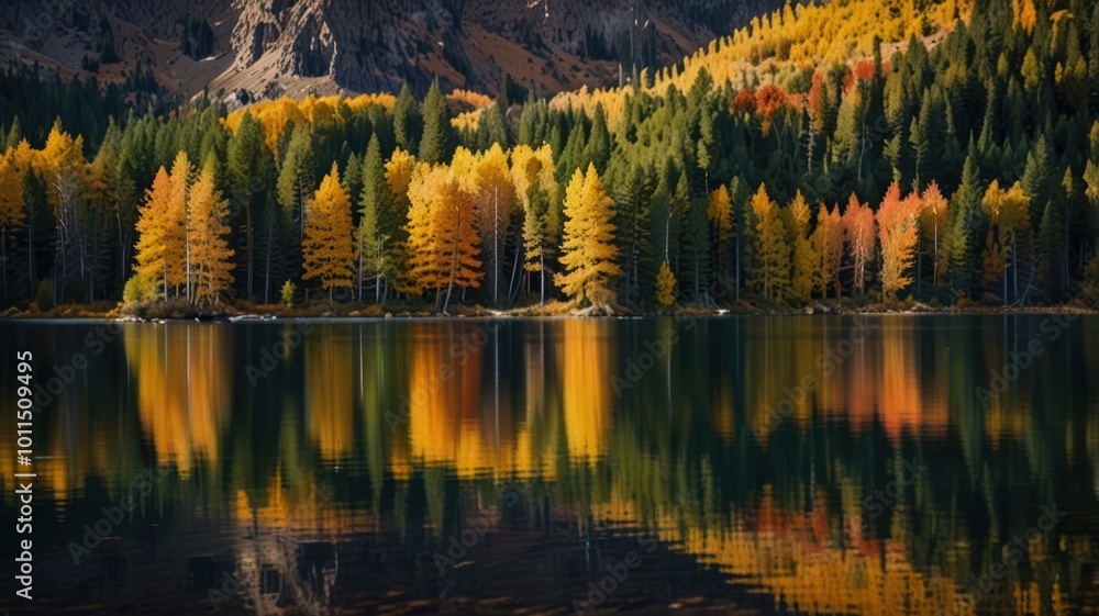 Vibrant fall foliage reflected in a still lake, creating a stunning autumn landscape. Vibrant fall foliage reflected in a still lake, creating a stunning autumn landscape.