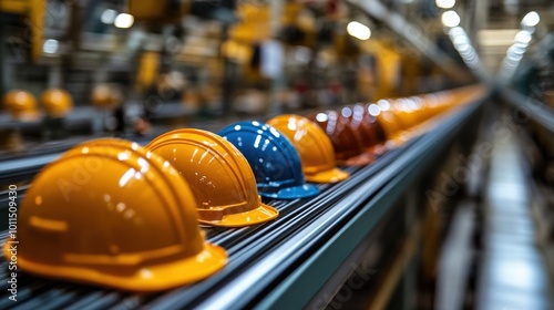 Colorful Helmets on Industrial Conveyor Belt in Factory Setting photo