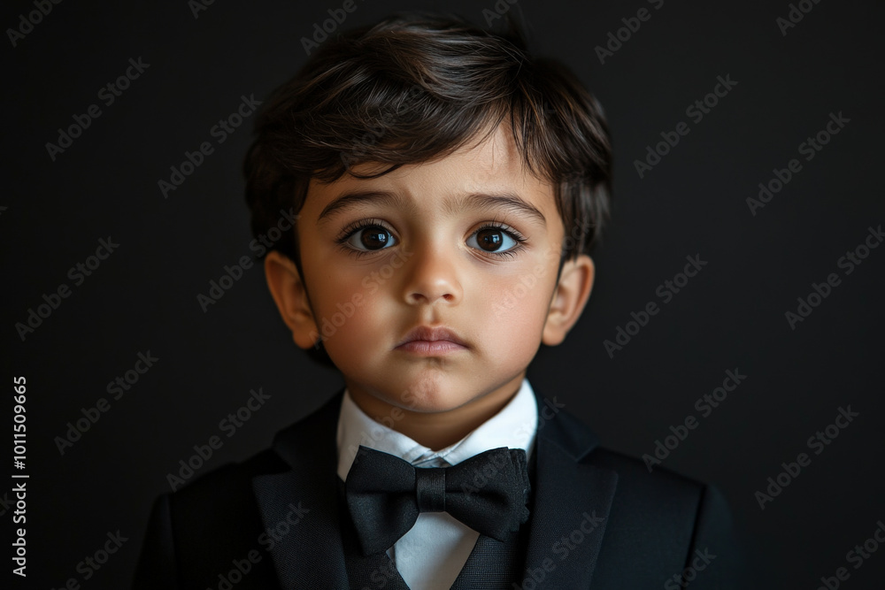 Reflective preschooler Arabian boy, dressed semi-formally, captured on a black studio background with a doubtful look.