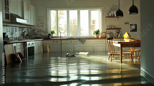 A flooded kitchen with water covering the floor and furniture