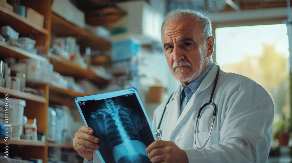Senior Arabian doctor intently examining an X-ray on a lightbox, surrounded by medical charts and clinical data. Senior Arabian doctor intently examining an X-ray on a lightbox, surrounded by medical charts and clinical data.