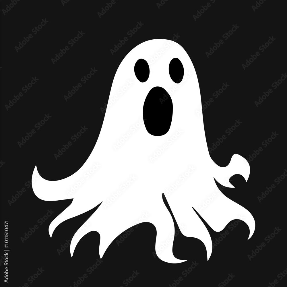 Cute white ghost with black eyes isolated on black background. Halloween vector concept. Spooky vector. Cute white ghost with black eyes isolated on black background. Halloween vector concept. Spooky vector.