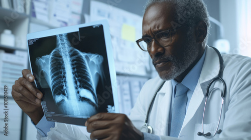 Senior Black doctor thoroughly examining an X-ray on a lightbox with a serious expression, medical charts filling the background. photo