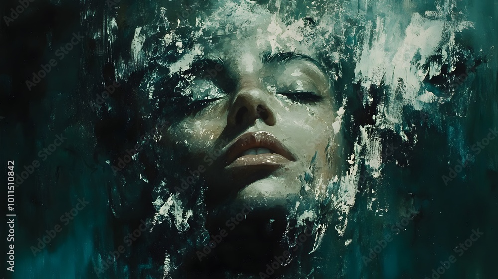Close-up of a woman's face with closed eyes, rendered in a dark, abstract style. Close-up of a woman's face with closed eyes, rendered in a dark, abstract style.