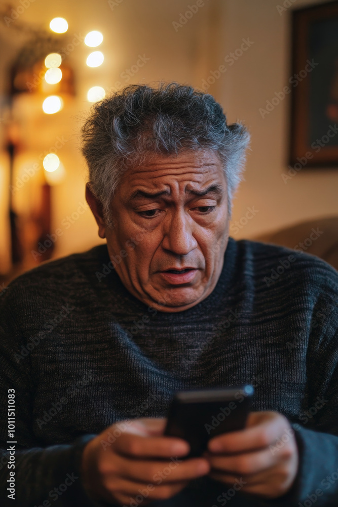 Senior Hispanic man in shock, looking at his phone, in a peaceful living room with soft lighting. Senior Hispanic man in shock, looking at his phone, in a peaceful living room with soft lighting.