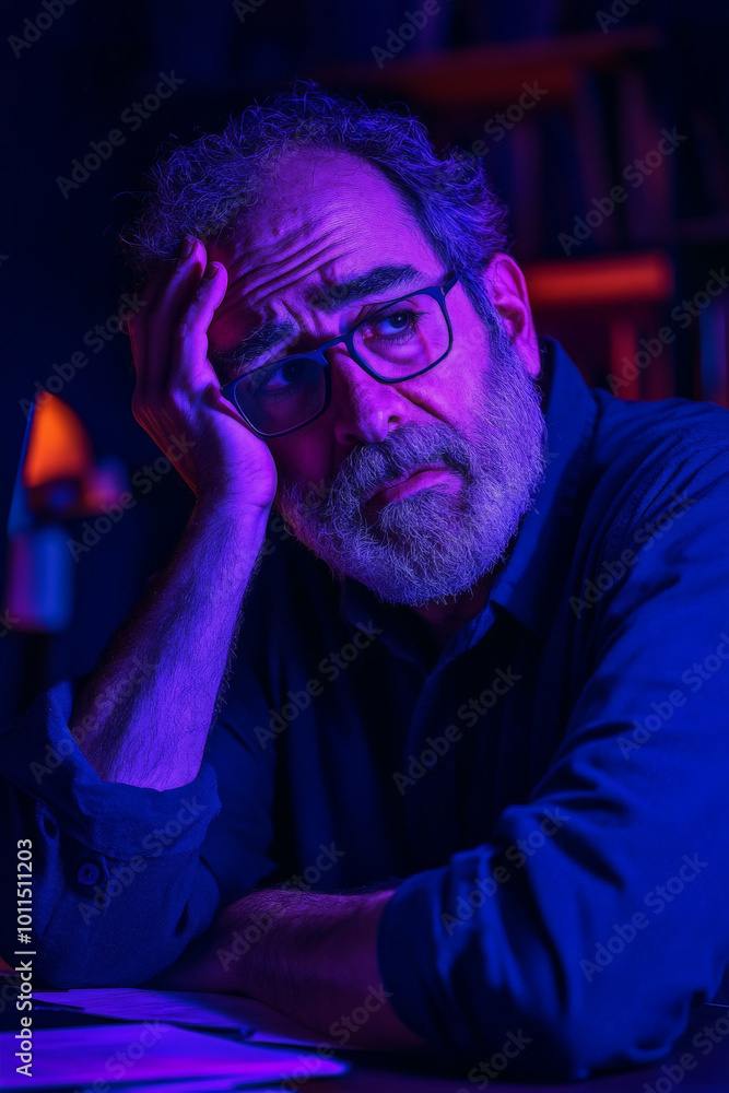 Senior Hispanic man with a beard, clutching his head at a desk with an anxious look, dark purple lighting. Senior Hispanic man with a beard, clutching his head at a desk with an anxious look, dark purple lighting.