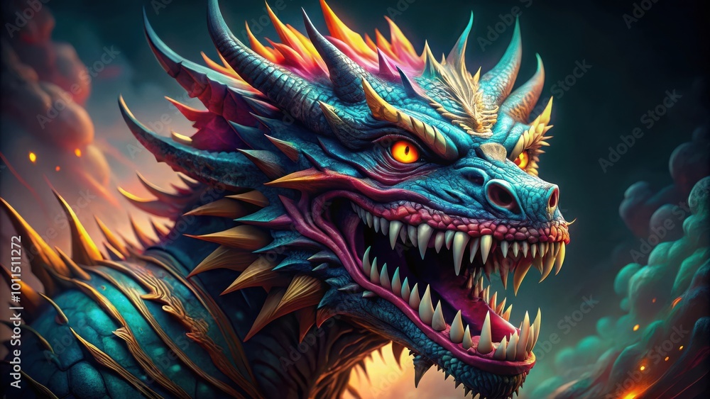 A mythical dragon with vibrant scales, sharp teeth, and fiery eyes, ready to unleash its power A mythical dragon with vibrant scales, sharp teeth, and fiery eyes, ready to unleash its power