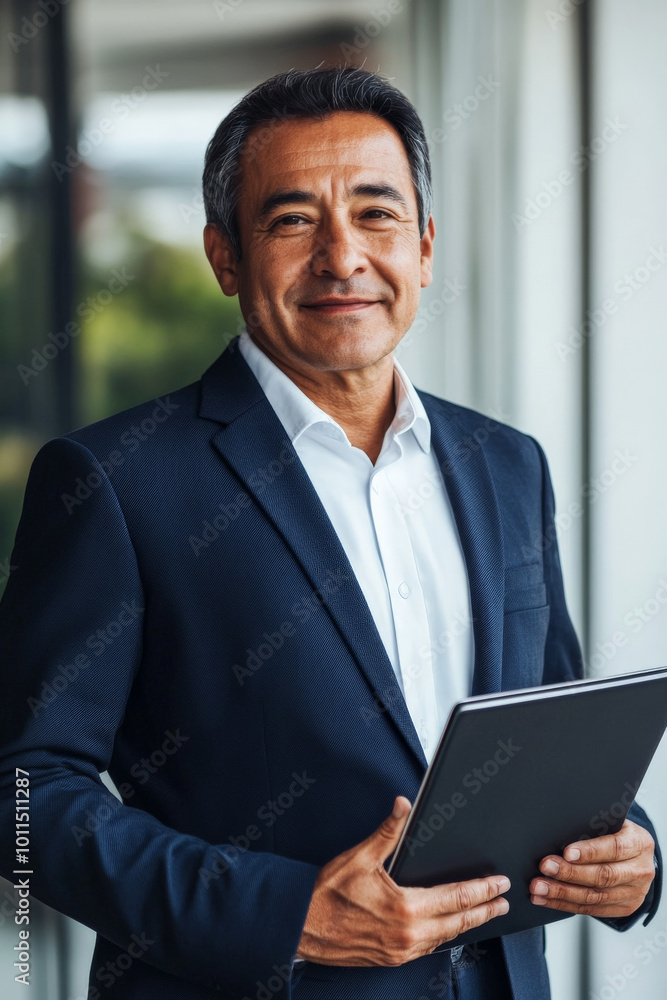 Senior Hispanic sales agent in formal attire, holding a laptop with a slight smile, modern technological background. Senior Hispanic sales agent in formal attire, holding a laptop with a slight smile, modern technological background.