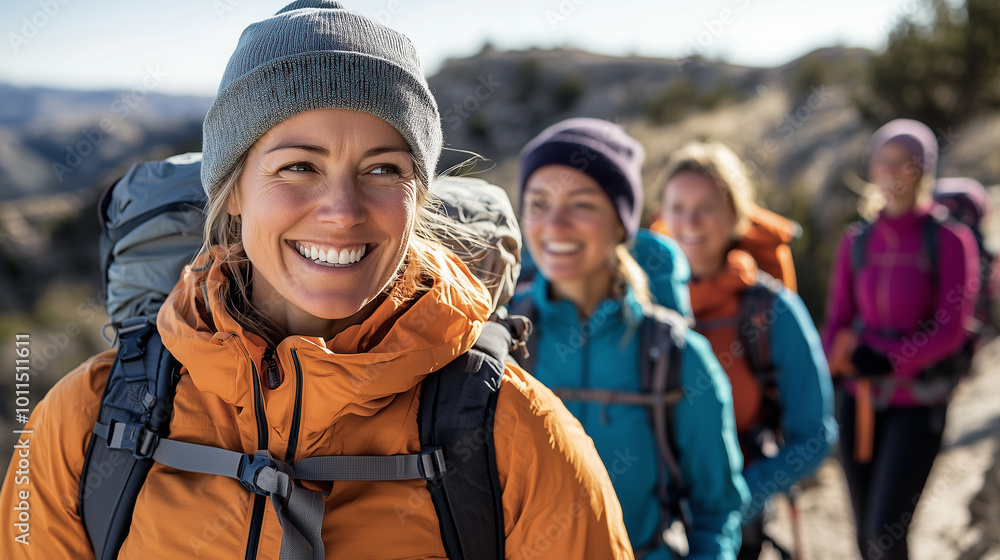 A group of women hiking together on a sunny day A group of women hiking together on a sunny day