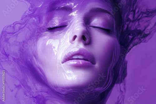 Surreal minimalist art of a young adult Caucasian woman face melting into a translucent violet drop of color, her features warping into abstract fluidity.