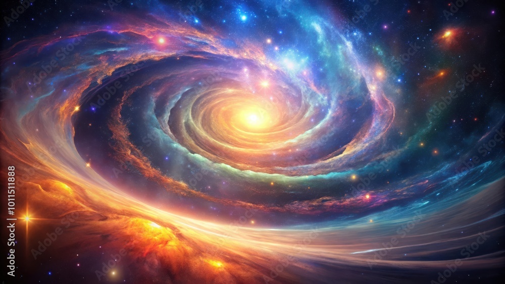 A swirling galaxy of vibrant colors with a central star surrounded by cosmic dust and distant stars. A swirling galaxy of vibrant colors with a central star surrounded by cosmic dust and distant stars.