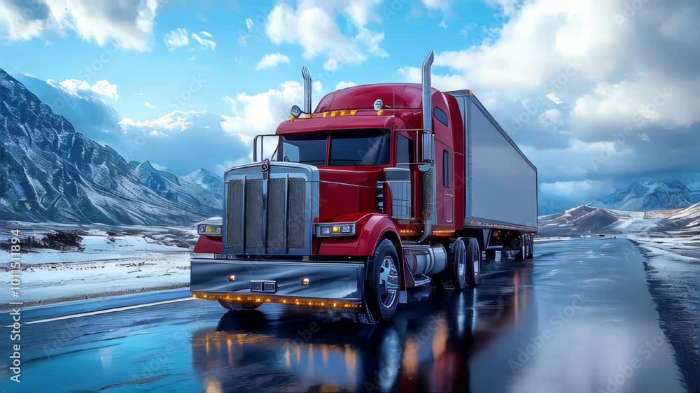 A large red semi-truck with chrome accents traveling on a wet road through a mountainous, snowy landscape. Detailed and realistic A large red semi-truck with chrome accents traveling on a wet road through a mountainous, snowy landscape. Detailed and realistic
