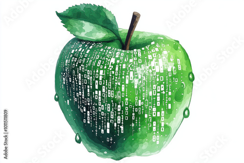 A digital green apple with a leaf, embellished with binary code, symbolizes the fusion of nature and technology.