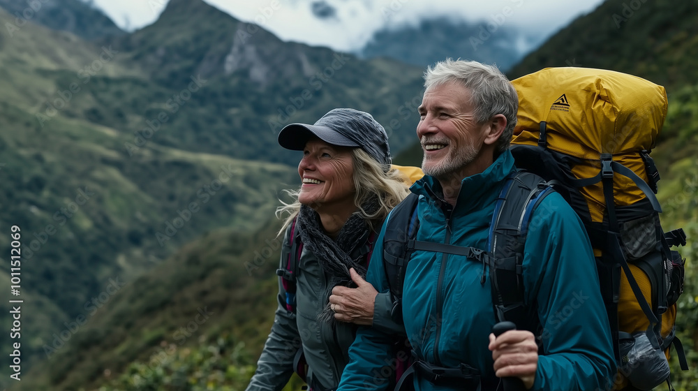 A senior couple hiking through scenic mountain trails, smiling and enjoying the view A senior couple hiking through scenic mountain trails, smiling and enjoying the view