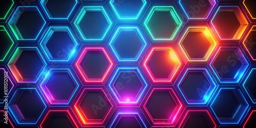 A vibrant abstract background featuring a geometric pattern of glowing neon hexagons in multiple colors, creating an eye-catching and dynamic visual.