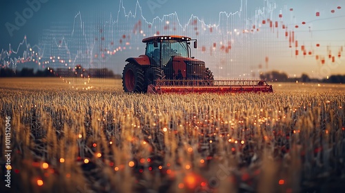 tractor harvesting wheat in field with financial graphs overlay symbolizing agricultural economics