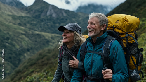 Wallpaper Mural A senior couple hiking through scenic mountain trails, smiling and enjoying the view Torontodigital.ca