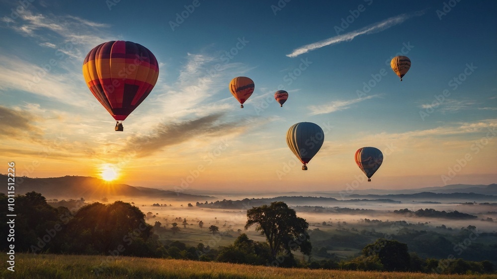 Naklejka premium A beautiful digital illustration of hot air balloons is held in Cappadocia, Turkey. A nature travel destination, and scenic view