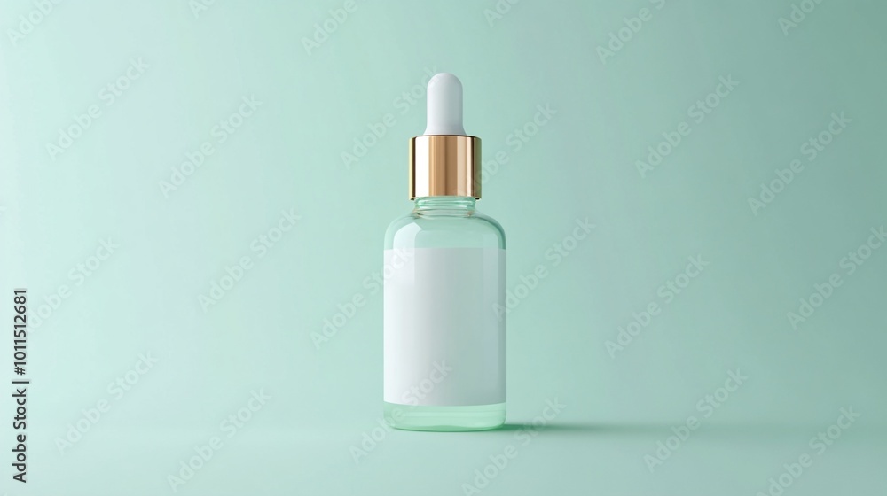 Elegant glass dropper bottle with gold cap on mint green background. Minimalist cosmetic packaging design for luxury skincare serum or essential oil. Elegant glass dropper bottle with gold cap on mint green background. Minimalist cosmetic packaging design for luxury skincare serum or essential oil.