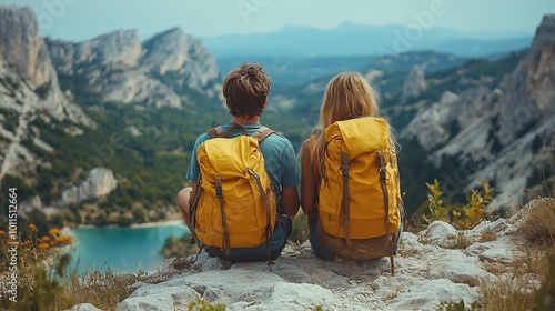 Wallpaper Mural travellers couple hiking on easy trail in nature with backpacks young tourist spending summer vacation oudoors sitting on rocks ,enjoying breathtaking view Torontodigital.ca