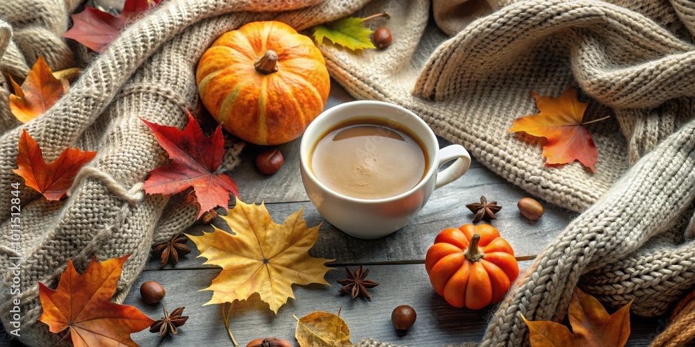 A Cozy Autumn Scene with a Cup of Coffee, Pumpkins, Knitted Scarf, and Vibrant Autumn Leaves A Cozy Autumn Scene with a Cup of Coffee, Pumpkins, Knitted Scarf, and Vibrant Autumn Leaves