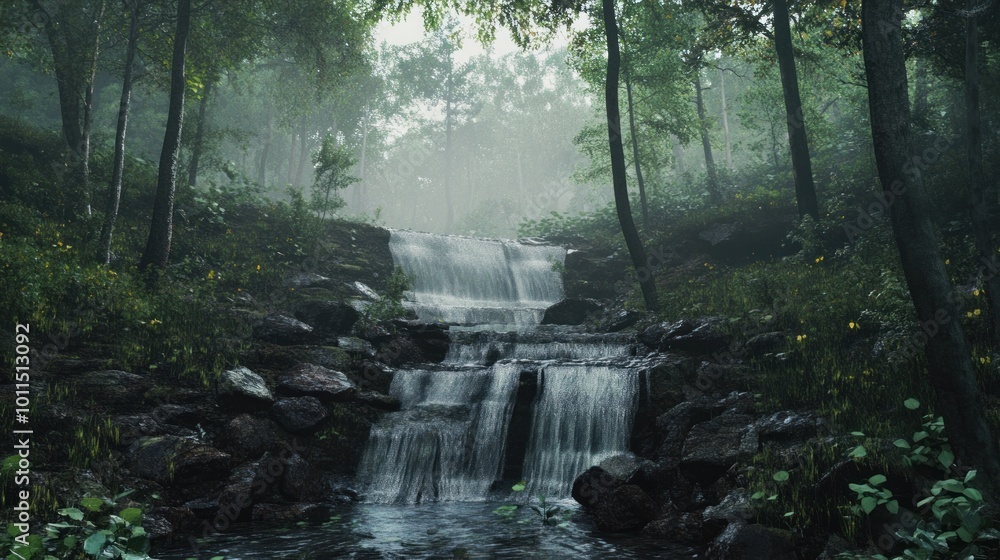 Fototapeta premium Misty Waterfall in a Lush Forest