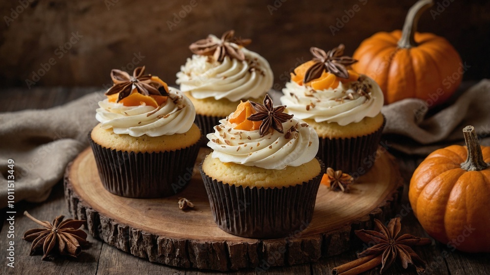 close-up photograph of 4 vanilla cupcakes with creamy white frosting, arranged on a rustic wooden surface. The cupcakes are placed on a wooden slice, adding to the Halloween theme. close-up photograph of 4 vanilla cupcakes with creamy white frosting, arranged on a rustic wooden surface. The cupcakes are placed on a wooden slice, adding to the Halloween theme.