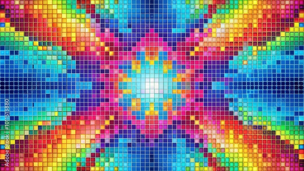 Abstract colorful mosaic pattern with square tiles arranged in a symmetrical design, creating a hypnotic visual effect. Abstract colorful mosaic pattern with square tiles arranged in a symmetrical design, creating a hypnotic visual effect.
