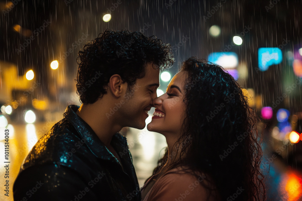 Young adult Brazilian couple kissing in the rain, smiling with joy, city street background, vibrant colors. Young adult Brazilian couple kissing in the rain, smiling with joy, city street background, vibrant colors.