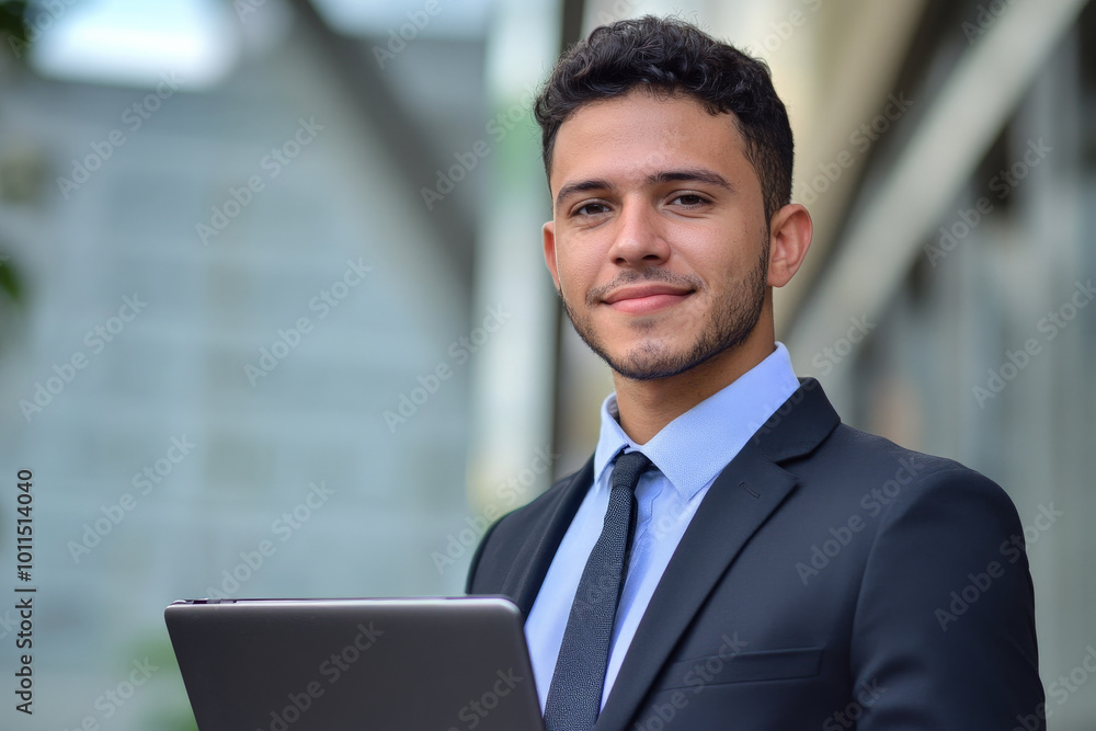 Young adult Brazilian sales agent in formal attire, holding a laptop and smiling slightly, modern technological background. Young adult Brazilian sales agent in formal attire, holding a laptop and smiling slightly, modern technological background.