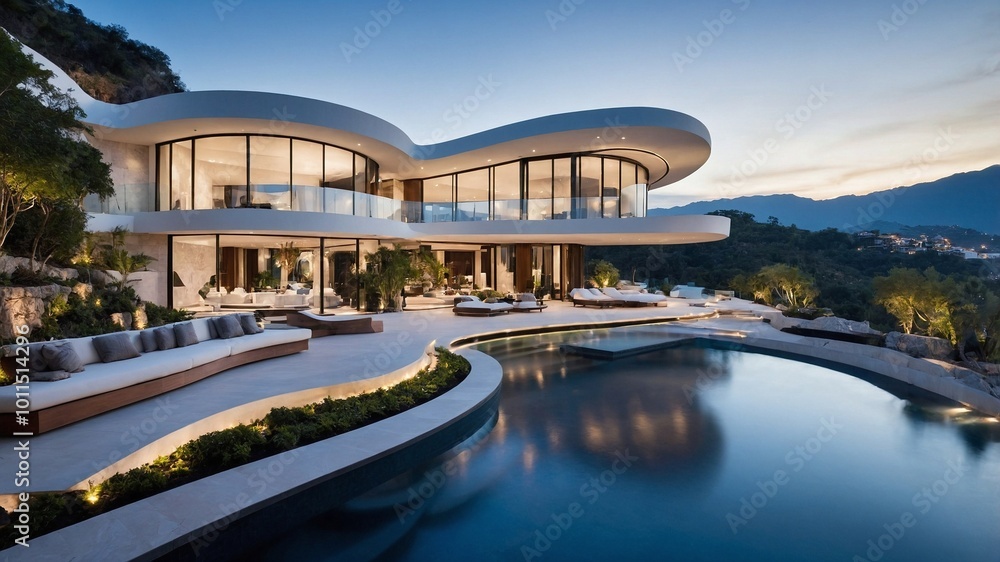 A huge and luxurious cliffside villa with an infinity pool, seen from its curvilinear interior A huge and luxurious cliffside villa with an infinity pool, seen from its curvilinear interior