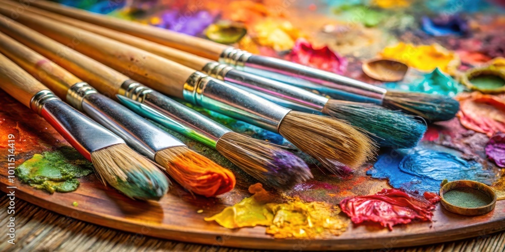 Fototapeta premium A Close Up of Paintbrushes Laying on a Palette with Vibrant Swirls of Dried Paint