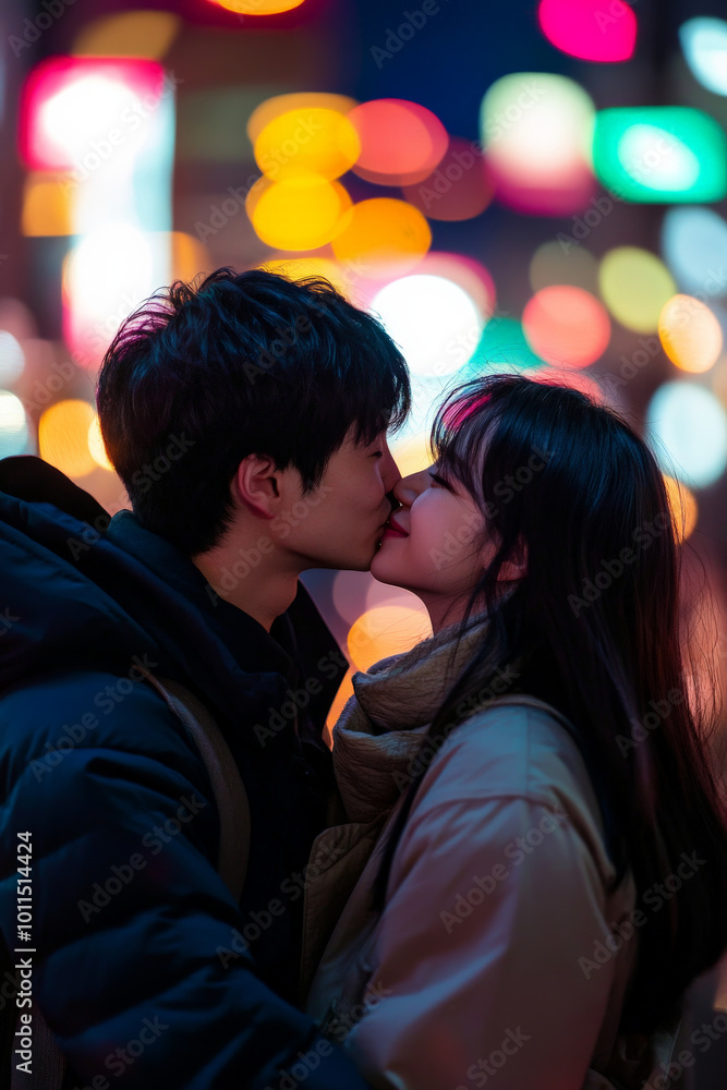 Young adult Japanese couple kissing each other with joyful laughter, vibrant city lights in the background. Young adult Japanese couple kissing each other with joyful laughter, vibrant city lights in the background.