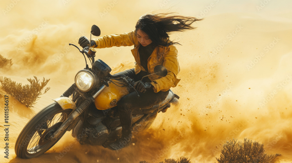 Young adult Japanese girl speeding through a sandstorm in the desert on a motorcycle, scattered bushes dotting the landscape.