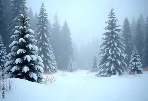 Beautiful winter landscape with snow covered trees in fog 