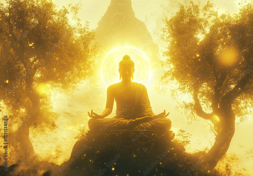 A glowing Buddha meditating in the lotus position, surrounded by trees with a light background, a golden glow, and glittering lights. A glowing Buddha meditating in the lotus position, surrounded by trees with a light background, a golden glow, and glittering lights.