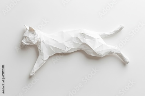 Elegant Origami Cat Pose on White Plain