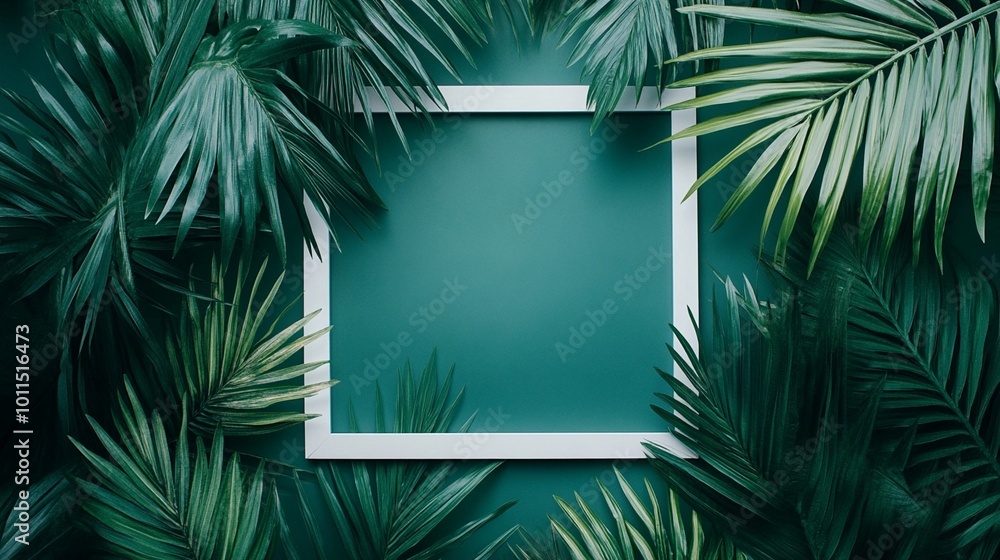 Tropical palm leaves frame a white square border against a teal background, creating a striking contrast of natural textures and geometric shapes. Tropical palm leaves frame a white square border against a teal background, creating a striking contrast of natural textures and geometric shapes.