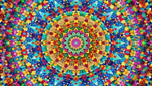 A vibrant and abstract mandala with a central starburst surrounded by radiating colors and geometric shapes.